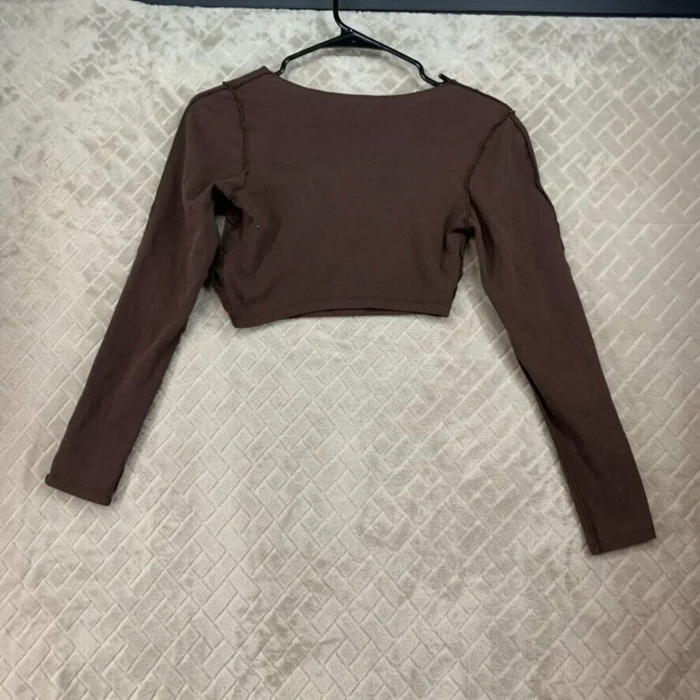 Shein Womens S T Shirt Brown Long Sleeve Cropped Inverted Seam Asymmetric Neck